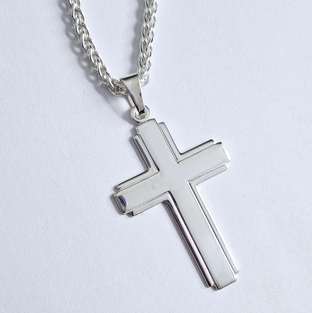30” Sterling Silver Wheat Chain and 925 High-Polished Cross Pendant